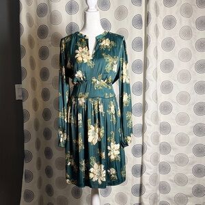 LOFT Long Sleeve Floral Dress in Green and Cream